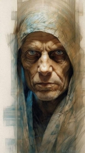 A Captivating Portrait of Wisdom: Close-up of an Elderly Figure in a Hood
