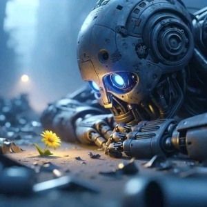 A Glimpse of Hope: Robot Embracing Nature in a Futuristic Wasteland