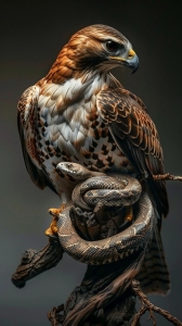 A Majestic Hawk and Its Coiled Snake Prey: A Dance of Predation