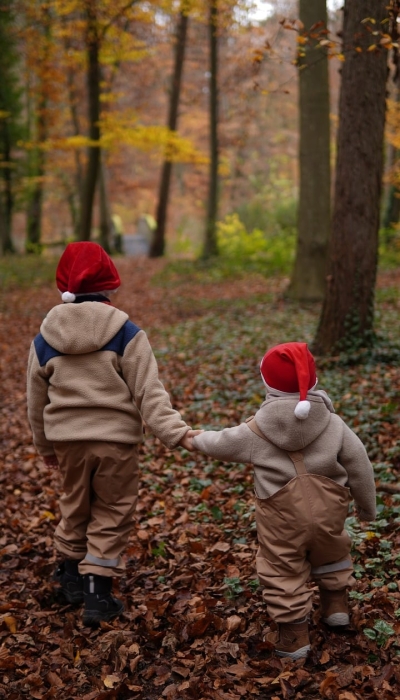 A Walk Through the Autumn Forest in Christmas Hats