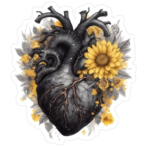 Artistic Fusion: Monochromatic Heart Amidst Vibrant Sunflowers