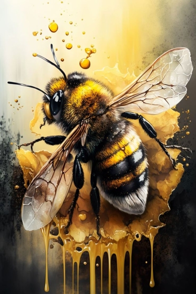 Artistic Representation of a Bee Amidst Dripping Honey - Vibrant and Textured