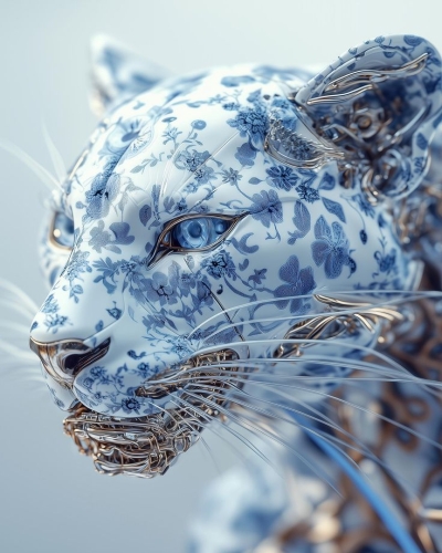 Artistic Revelation: The Floral-Embellished Leopard with Porcelain Texture
