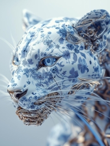 Artistic Revelation: The Floral-Embellished Leopard with Porcelain Texture