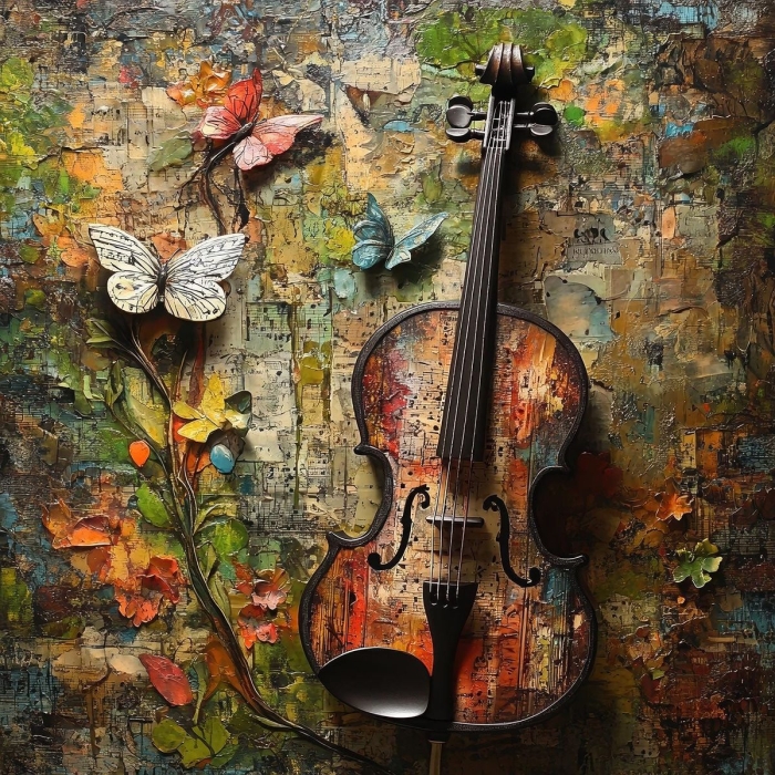 Artistic Symphony: A Violin and Butterflies in a Floral Realm
