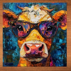 Artistic Vision: A Colorful Cow with Oversized Glasses