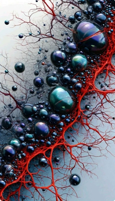 Biology Meets Art: Abstract Depiction of Organic Forms in Black, Teal, and Red