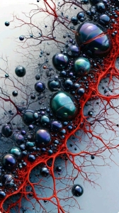Biology Meets Art: Abstract Depiction of Organic Forms in Black, Teal, and Red