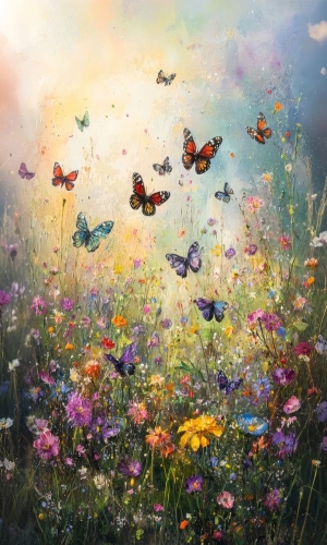 Blossoming Meadow: A Symphony of Flowers and Butterflies