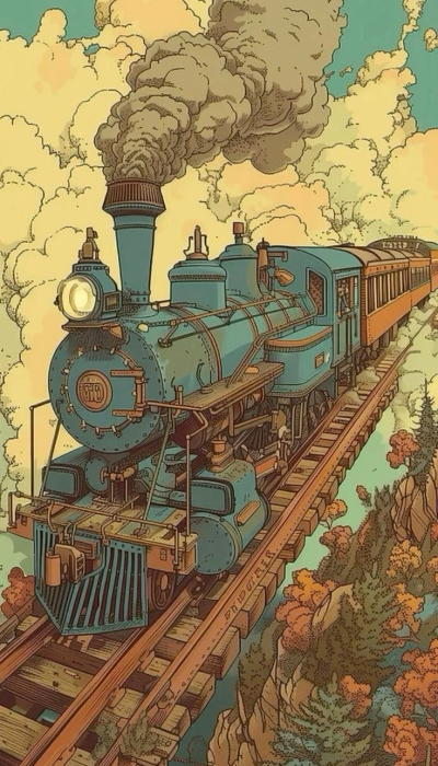 Blue Steam Locomotive Journey through Colorful Foliage Scenery