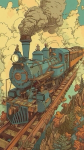Blue Steam Locomotive Journey through Colorful Foliage Scenery