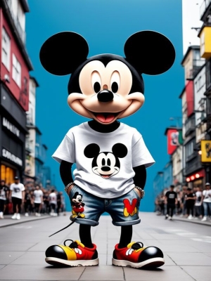 Cheerful Mickey Mouse in a Casual Outfit on a City Street