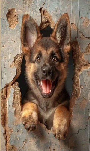 Cheerful Puppy Peeping Through a Distressed Wall