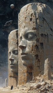 Cosmic Guardians: Ancient Sculpted Monoliths in a Surreal Landscape