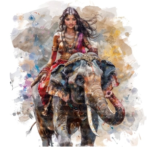 Cultural Odyssey: Woman on an Adorned Elephant in Artistic Splendor