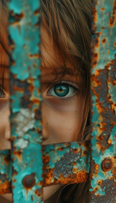 Curiosity Peek: A Child's Eye Amidst Rusted Textures
