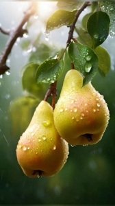Dew-Kissed Pears on a Branch: A Testament to Nature's Bounty