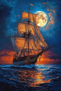 Dramatic Maritime Sunset: A Sailing Ship Illuminated by Moonlight