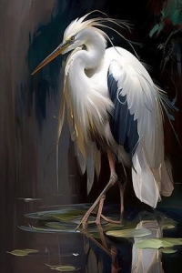 Elegant White Heron Amidst Lily Pads in a Natural Setting