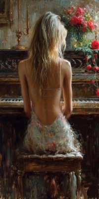 Ethereal Moments: A Girl and Her Piano in a Floral Symphony