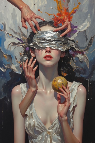 Exploring the Symbolic Depth: Artistic Painting of a Blindfolded Figure