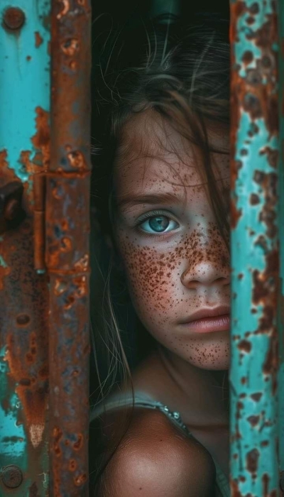 Exploring Through the Lens of Time: A Young Girl's Curiosity Amidst Rustic Charm