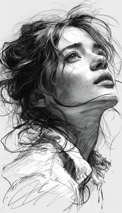 Expressive Line Art: A Woman's Portrait in Depth and Emotion