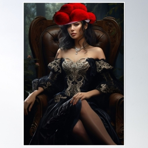 Fashionable Elegance: Woman in Elaborate Black Dress and Striking Red Hat