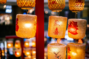 Festive Glow: Illuminated Lanterns Adorned with Chinese Blessings in Lujiazui, Pudong, Shanghai