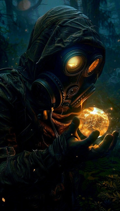 Glow in the Darkness: A Mysterious Figure in a Gas Mask