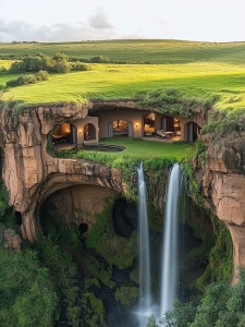 Harmonious Blend of Waterfall Landscape and Unique Cliff Architecture