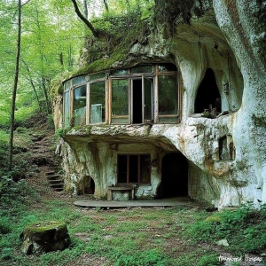 Harmony of Architecture and Nature: The Rock-Embraced Structure in a Verdant Forest