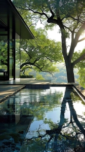 Harmony of Modern Architecture and Nature: A Tranquil Swimming Pool Oasis