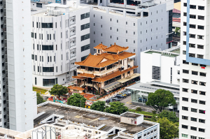 Harmony of Tradition and Modernity: A Temple Amidst Skyscrapers