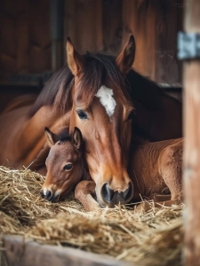 Heartwarming Bond: Horse and Foal Sharing a Quiet Moment in the Stable