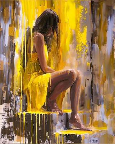 Impressionistic Portrayal of a Woman in Yellow Dress - An Art of Emotion and Color
