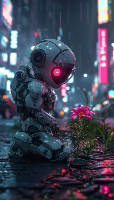 Intersection of Technology and Nature: A Futuristic Robot Encounters A Blooming Flower
