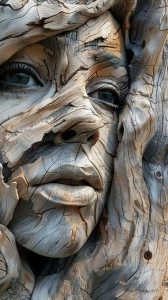 Intricate Convergence of Nature and Human Artistry: The Wooden Face Sculpture