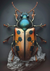 Intricate Illustration of a Colorful Beetle Against a Textured Rock Background