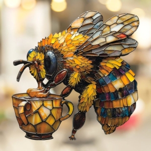 Intricate Stained Glass Art: Colorful Bee Sipping Nectar