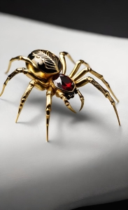 Intricately Designed Gold-Colored Spider Ornament with Red Gemstone