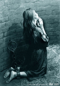 Kneeling Prisoner in Dimly Lit Cell: A Portrayal of Captivity and Desperation