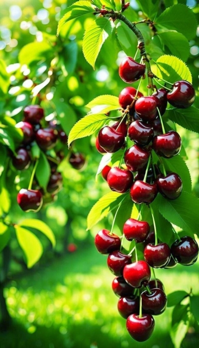 Lush Garden: A Glimpse of Ripe Cherries Amidst Verdant Foliage
