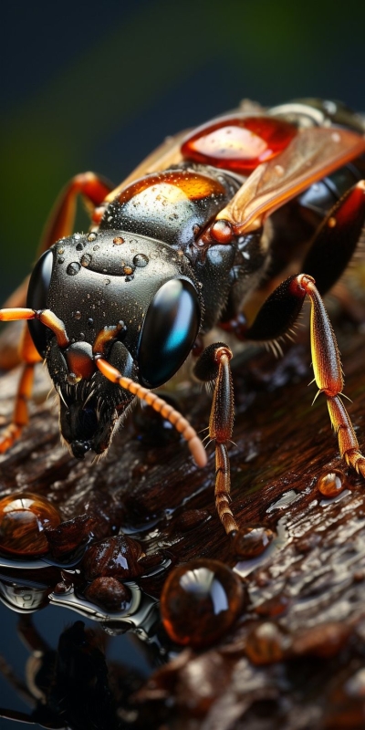 Macro World: Captivating Close-Up of a Beetle amidst Water Droplets
