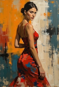 Modern Elegance: Vibrant Painting of a Confident Woman in Red