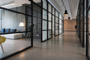 Modern Office Hallway with Glass-Panel Doors