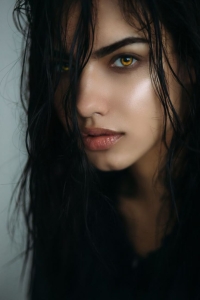 Mysterious Persona: The Enigma of Wet, Dark Hair and Striking Expression