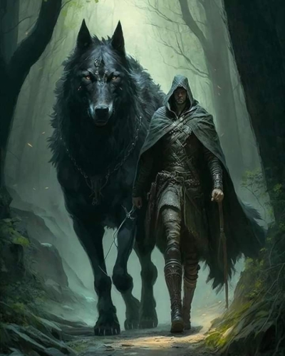 Mystical Journey: A Hooded Figure and Wolf in an Enchanted Forest