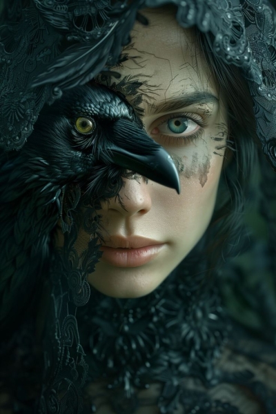Mystical Portrait: The Fusion of Human and Raven