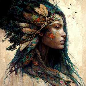 Nature's Maiden: A Stylized Portrait of a Woman Intertwined with Foliage